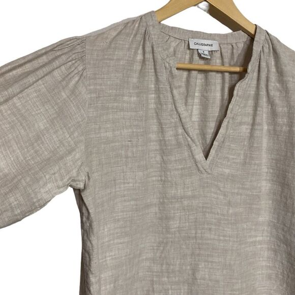 CALLIGRAPHIES Linen Blend Puff Sleeve Natural Top Blouse Taupe - Picture 3 of 6